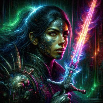 The primary subject of the image is a woman with a futuristic appearance, holding a sword. She is wearing a black outfit and has a unique, otherworldly look. The setting is a futuristic environment, possibly a digital art or illustration. The visual style is a combination of digital art and illustration, creating a vivid and detailed scene. The colors and mood of the image are predominantly dark and mysterious, with the woman's outfit and the futuristic setting contributing to the